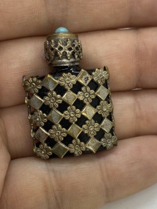 Vintage Black Glass Perfume Flask Bottle W/ Silver Plated Case France