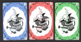 3 Single Swap Playing Cards Cute Bunny Rabbits & Watering Can Deco Set Vintage