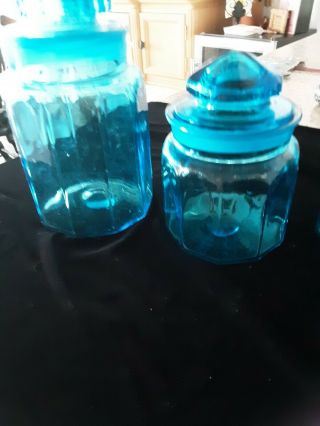 Vintage Le Smith Glass 3 Piece Blue Canister Set W/lids,  No Chips