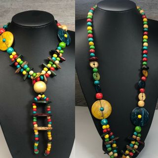Vintage Wooden Statement Necklace Bohemian Hippy Wood Beads Discs Multicoloured