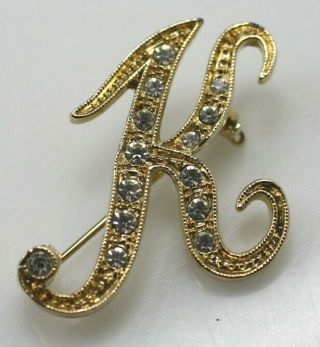Vintage Gold Tone Sparkle Clear Rhinestones K Initial Monogram Letter Brooch Pin
