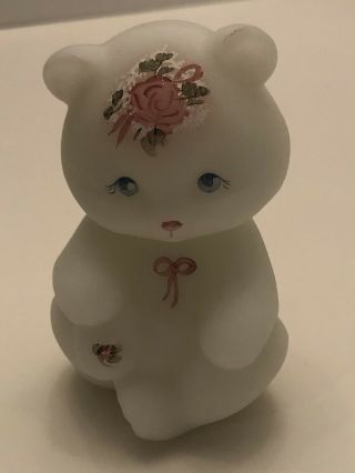 Fenton Satin Glass Bear Figurine Pink Roses And Ribbons Hand Painted Signed