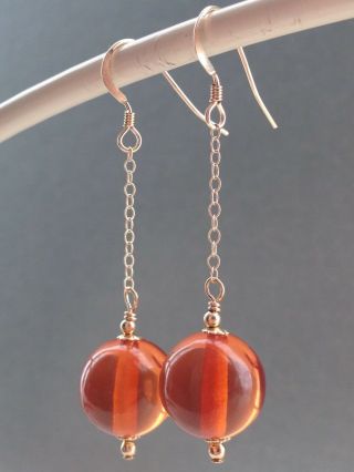 Vintage Deco Round Honey Amber Bakelite Beads 14ct Rolled Gold Drop Earrings