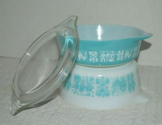 Vtg Pyrex Amish Butterprint Round Casserole Dishes W/ Lid 471 & 472 Turquoise