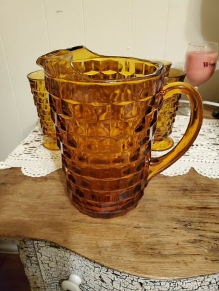 Vintage Fostoria American Dark Amber 1/2 Gallon Pitcher With Ice Lip And 6 Glass