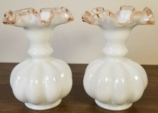 Vintage Fenton Milk Glass Melon Vase Peach Crest Ruffled Edge (set Of 2)