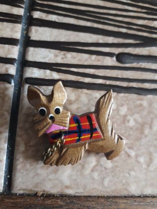 Vintage 40s 50s Wood Carved Scottie Dog Tartan Blanket Brooch Scottish Terrier