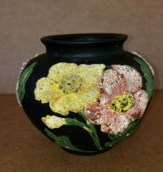 Tiffin Satin Matte Black Amethyst Glass Poppy Flower Vase Rose Bowl 5 1/2 " Tall
