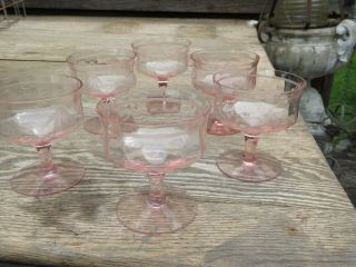 Vintage Set Of 6 Pink Etched Depreciation Glass Sherbets