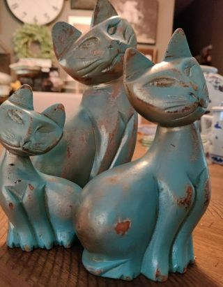 Vintage Hand Carved Wooden Cats Mid Century Modern Siamese 50s/60s Handpainted