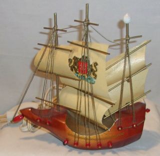 Vintage Wooden Sailing Ship Tv Lamp Or Night Light Wood & Metal With Sails