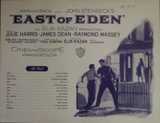 East Of Eden Synopsis Sheet 1955 James Dean,  Raymond Massey