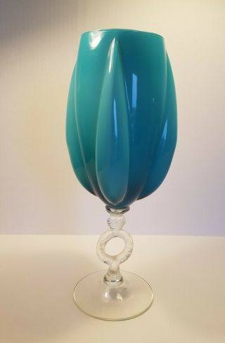 Large Mid Century Empoli Cased Glass Turquoise Blue Vase Twist Circle Stem