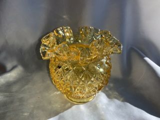 Vintage Fenton Art Glass Diamond Pattern Yellow Rose Bowl Vase Ruffled Top
