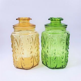 L E Smith Vintage Amber Lime Green Glass Canister Set Atterbury Scroll Retro