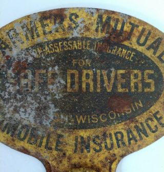 Vtg Advertising Metal License Plate Topper Farmers Mutual Automobile Insurance 3