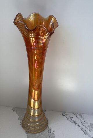 Vintage Imperial Carnival Glass Ripple Swung Vase 12” Iridescent Orange Marigold