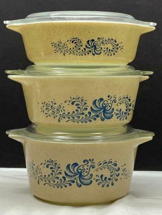 6 Pc.  Set Pyrex Homestead Casserole Dishes W/lids Tan Blue Speckled Bowls