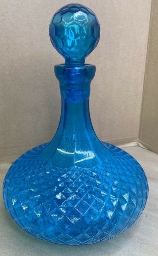 Vintage Blue Glass Decanter W Stopper Genie Bottle Diamond Liquor Bar Decor