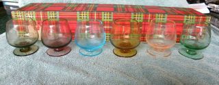 Vintage Multi - Colored Etched Glass Brandy Snifters - Set Of 6 - Japan Orig Box - Eb7