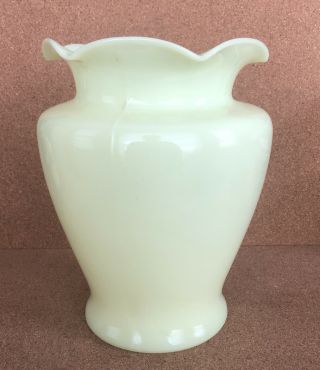 Fenton? Custard Glass Ruffled Edge Vase 8” Tall 6” Dia At Top