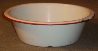 Vintage Enamelware Wash Bowl Basin With Red Rim,  15 " Diameter,  2 Gallon