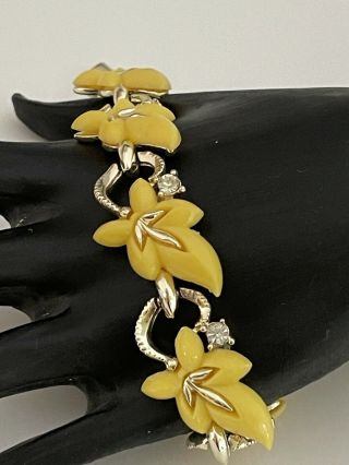 Star Brand Vintage Goldtone Yellow Thermoset Leaf Link Panel Fold Clasp Bracelet