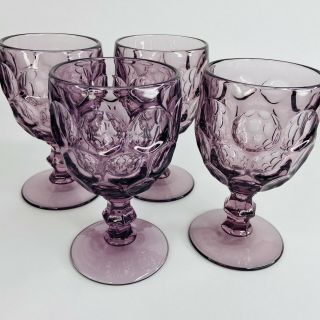 Set Of 4 Provincial Purple Amethyst Water Wine Goblets Imperial Glass Thumbprint
