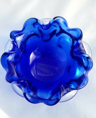 Vtg Murano Italy Cased Art Glass Ash Tray Bowl Bolicante Cobalt Blue