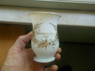 1840s Remember Me Hand Blown Pontiled Milkglass Mug With Gold Painted Flowers
