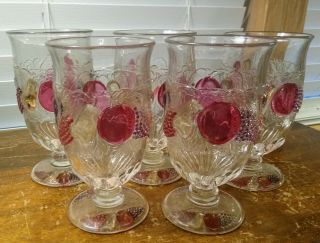 5 Westmoreland Glass Clear & Multicolor Della Robbia 6 " Stemmed Ice Tea Glasses