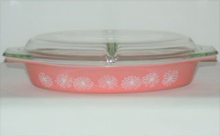 Vintage Pyrex Pink Daisy Divided Casserole Baking Dish 1.  5 Quart Made In Usa