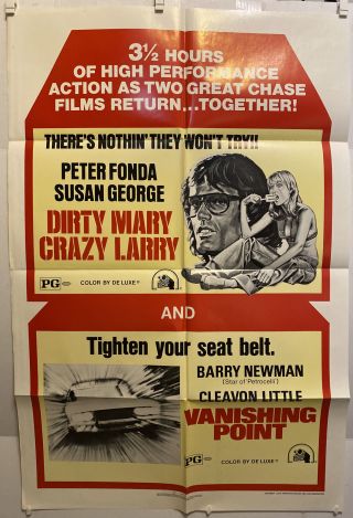 Vintage 1975 Dirty Mary Crazy Larry/vanshing Point One Sheet Folded Poster.
