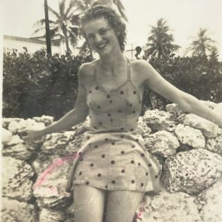Vintage Black And White Photo Young Woman Polka Dot Swimsuit Posing Rocks Palms