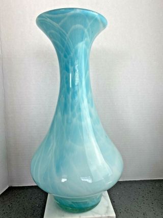 Hand Blown Aqua Vase W/white Swirl 13 3/8 " Tall Mid Century Modern Top30