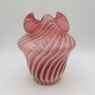 Vtg Fenton Glass Cranberry Pink Opalescent Swirl Glass Striped Vase Ruffled Edge