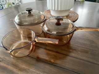 Vtg Corning Vision Ware Amber Glass Cookware Set Pots W/ Lids 2.  5l,  1.  5l,  1l