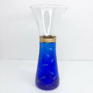 Hilton Mcconnico For Shiseido Hanatsubaki Art Glass Vase 7 " Blue W/ Gold Leaves