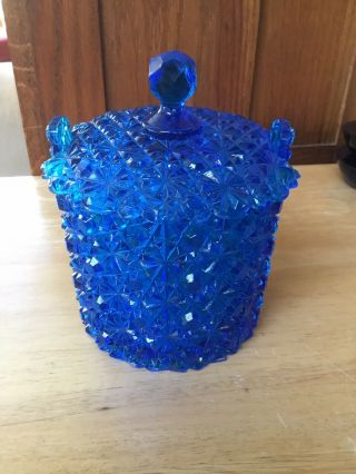 Fenton Glass Cobalt Blue Daisy & Button Covered Candy Jar W Notched Lid Usa