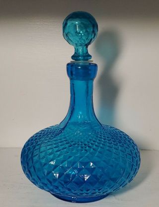 Vtg Mid Century Empoli Italy Genie Bottle Decanter Blue Glass Stopper
