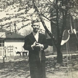 Vintage 1952 Black And White Photo Teenage Boy Holding Bible Rosary Catholic