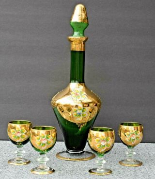 Bohemian Handblown Decanter Gold Gilding Enamel Flowers With 4 Liqueur Glasses
