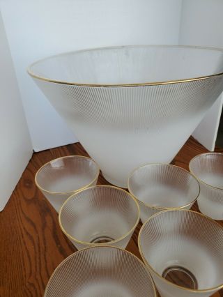 Mid - Century Modern Punch Bowl & 7 Ribed - Glass With Gold Trim