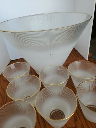 Mid - Century Modern PUNCH BOWL & 7 ribed - Glass with Gold Trim 2