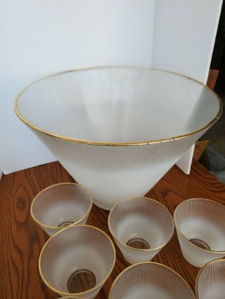 Mid - Century Modern PUNCH BOWL & 7 ribed - Glass with Gold Trim 3