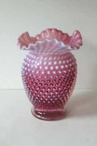 Vintage Fenton Cranberry Hobnail White Opalescent Vase 6 1/2 " H Ruffled Crimped