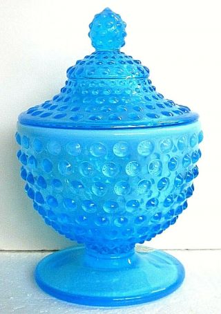 Fenton Blue Opalescent Hobnail Covered Candy Dish - Vintage 1941 - 55
