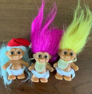 3 Vintage Russ Troll Doll Baby Babies With Bib & Diapers Christmas Santa Hat