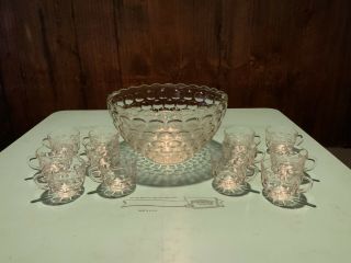 Vintage Federal Glass Iridescent Colonial Punch Bowl & 12 Cups Set