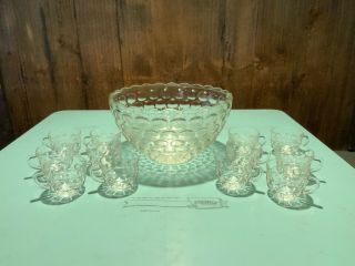 Vintage Federal Glass Iridescent Colonial Punch Bowl & 12 Cups Set 2